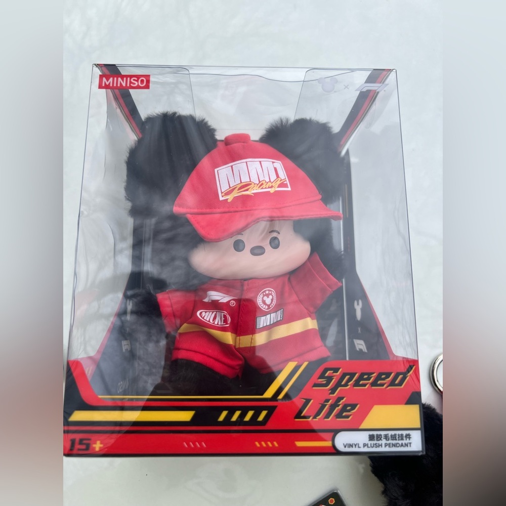 RARE Disney MINISO Mickey F1 Plush Pendant Keychain Race car Racing Series